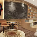 Elegant Modern Tea House Interior With Wooden Bookshelves Chandelier Long Table Sofa And Rug