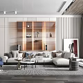 Modern Living Room Interior Design With Large Sofa Coffee Table And Illuminated Decor Shelves