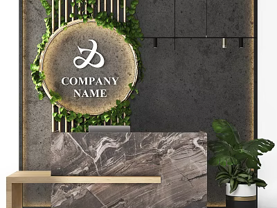 Modern Luxury Reception Desk With Marble Countertop Green Plants Circular Logo And Gray Wall Decor 3d model