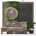 Modern Luxury Reception Desk With Marble Countertop Green Plants Circular Logo And Gray Wall Decor