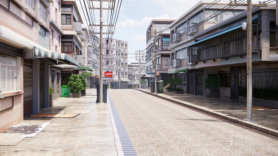 Scenic Commercial Street with Traditional Buildings Paved Road Sidewalks and Green Plants 3d model 