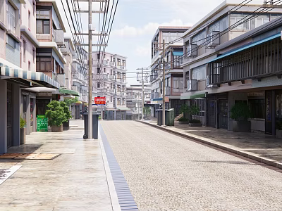 Scenic Commercial Street with Traditional Buildings Paved Road Sidewalks and Green Plants 3d model