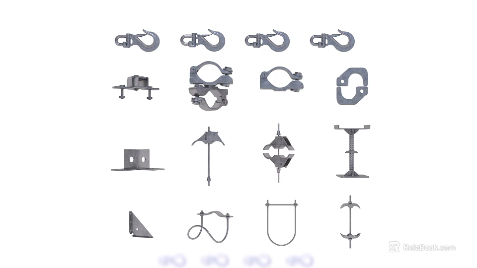 Various Assorted Metal Building Components With Hooks Clamps Brackets And Connectors 3d model 