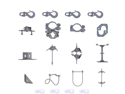 Various Assorted Metal Building Components With Hooks Clamps Brackets And Connectors 3d model