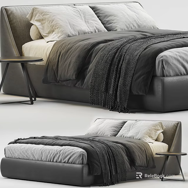 Modern Double Bed With Leather Frame Gray Bedding Soft Throw Blanket And Side Table 3d model