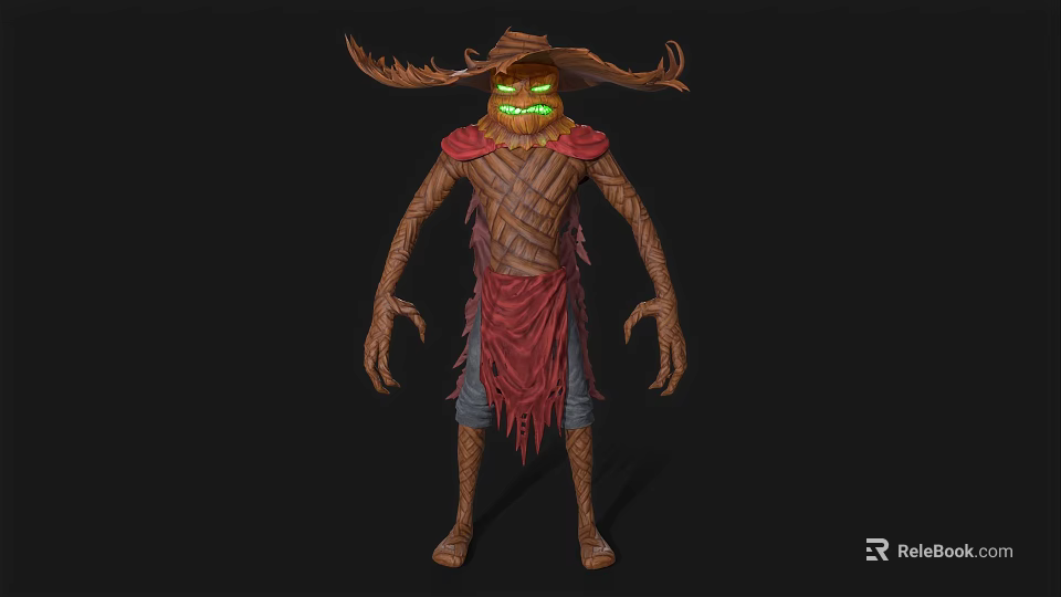 Mystical Game Movie Character With Scarecrow Look Glowing Green Eyes And Horned Headdress 3d model 