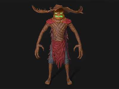 Mystical Game Movie Character With Scarecrow Look Glowing Green Eyes And Horned Headdress 3d model