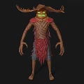 Mystical Game Movie Character With Scarecrow Look Glowing Green Eyes And Horned Headdress