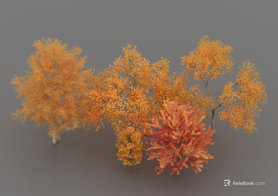 Autumn Deciduous Trees With Vibrant Orange And Red Foliage 3d model 
