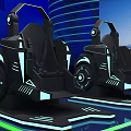 Futuristic Exhibition Hall with Seats Glowing Lines Large Screens City Night View and Person Standing
