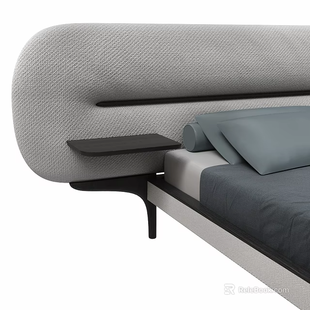 Modern Upholstered Double Bed with Curved Grey Headboard and Black Side Table 3d model 