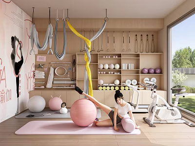 Fitness Equipment in Home Gym Featuring Yoga Mat Ball Hanging Straps Exercise Bike and Shelves 3d model