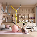 Fitness Equipment in Home Gym Featuring Yoga Mat Ball Hanging Straps Exercise Bike and Shelves