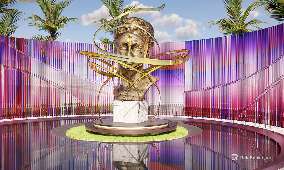 Golden Head Sculpture with Curved Decorations Marble Base Water Pool Palm Trees Purple Pink Backdrop 3d model 