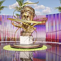 Golden Head Sculpture with Curved Decorations Marble Base Water Pool Palm Trees Purple Pink Backdrop