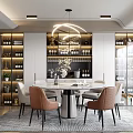 Modern Restaurant Interior Featuring Round Dining Table Upholstered Chairs Pendant Light And Wine Cabinets