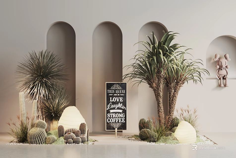 Decorative Indoor Plant Display with Cactus Palm Trees Arched Background and Lanterns 3d model 
