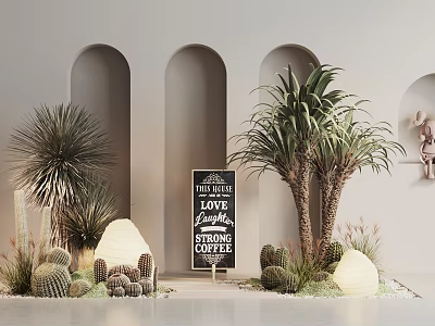 Decorative Indoor Plant Display with Cactus Palm Trees Arched Background and Lanterns 3d model