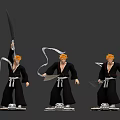 Three Blonde Haired Anime Character Figurines In Black Outfits Holding Swords On Bases