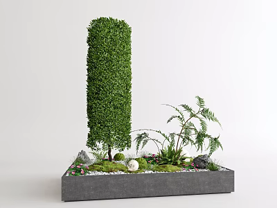 Elegant Indoor Landscape With Columnar Shrub Fern Plants Gray Planter And Moss 3d model
