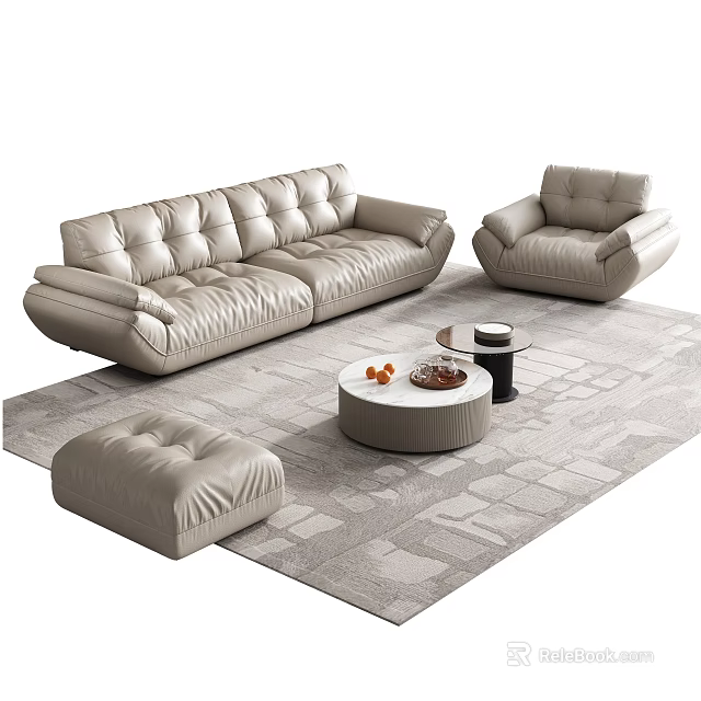 Modern Light Gray Leather Sofa and Coffee Table Set with Armchair Ottoman and Geometric Rug 3d model 