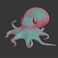 Cute Blue Purple Octopus with Big Eyes and Pink Cheeks on Dark Reflective Background