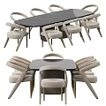 Modern Dining Table Set With Curved Beige Chairs Marble Top And Metal Legs