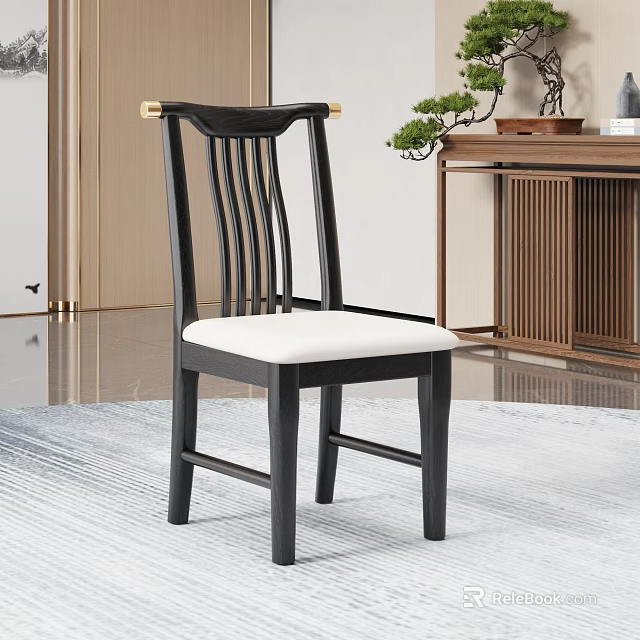 Modern Wooden Dining Chair With Black Frame White Cushion And Slat Backrest Design 3d model 