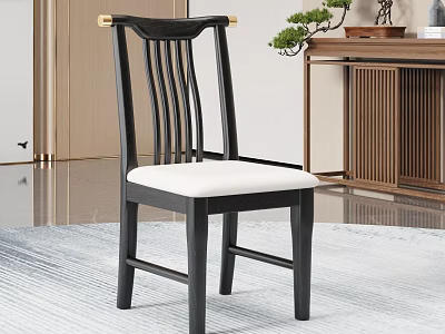Modern Wooden Dining Chair With Black Frame White Cushion And Slat Backrest Design 3d model