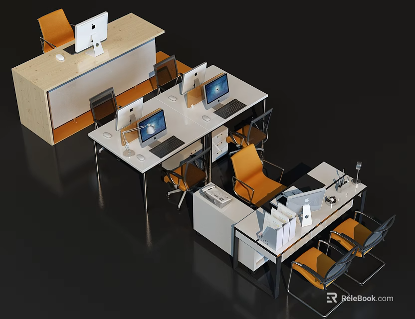 Efficient Modern Office Desks Workspace With Computers Chairs And Filing Cabinets 3d model 