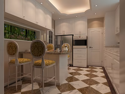 Elegant Restaurant Kitchen Interior With White Cabinets Marble Counter And Patterned Chairs 3d model
