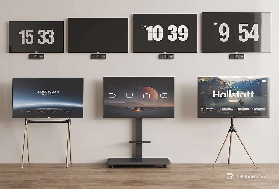 Multiple Wall Mounted and Stand Mounted Televisions Displaying Various Content in Indoor Setting 3d model