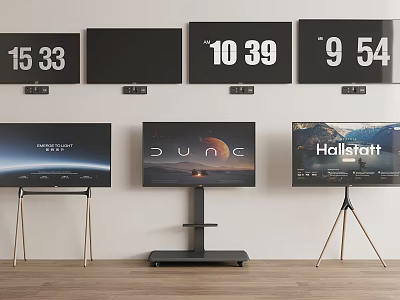 Multiple Wall Mounted and Stand Mounted Televisions Displaying Various Content in Indoor Setting 3d model