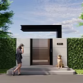 Modern Entrance Gate With Green Hedge Person Taking Photo And Dog Waiting