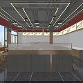 Modern Restaurant Interior With Open Layout Marble Counter Ceiling Linear Lights Red Walls Large Windows 3d model