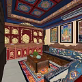 Traditional Buddhist Religious Interior With Red Cabinets Golden Decorations And Murals