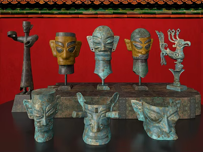 Ancient Chinese Bronze Sculptures With Human Heads Animal Figures And Traditional Architecture 3d model