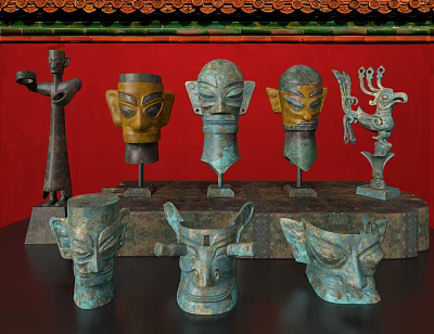 Ancient Chinese Bronze Sculptures With Human Heads Animal Figures And Traditional Architecture 3d model