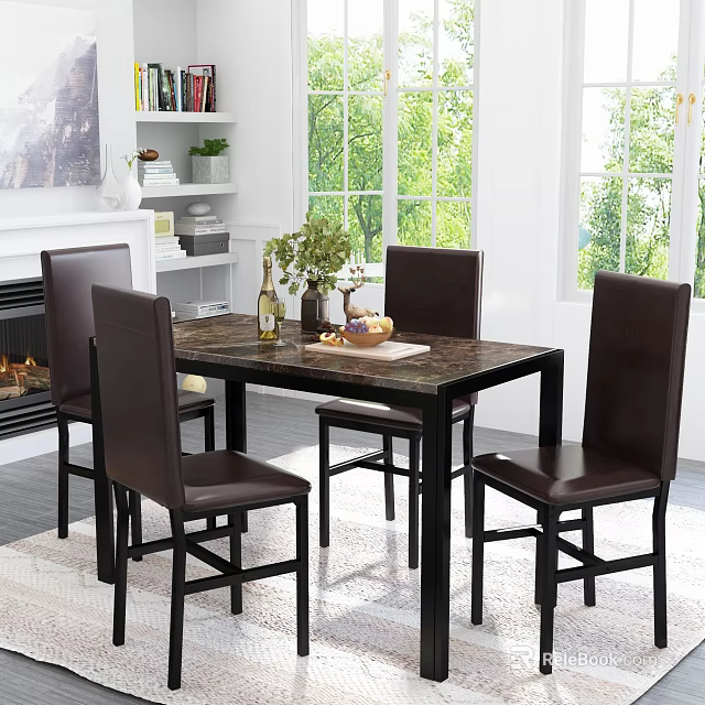 Elegant Dining Table Set with 4 Dark Leather Chairs and Marble Top in Bright Interior 3d model 