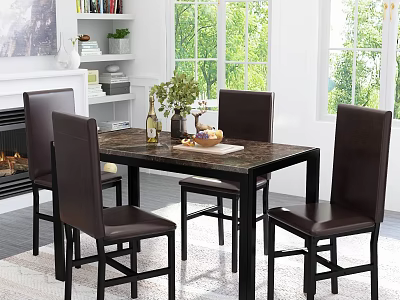Elegant Dining Table Set with 4 Dark Leather Chairs and Marble Top in Bright Interior 3d model