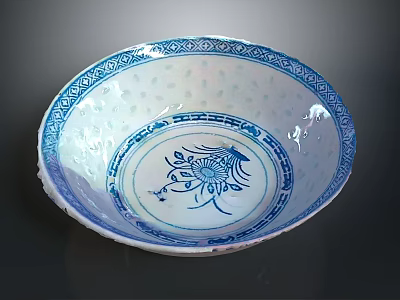 Intricate Carved Ceramic Bowl With Blue And White Floral Patterns Design 3d model
