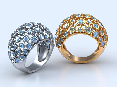 Jewelry Rings in Two Tone Silver and Gold with Sparkling Blue Gemstones 3d model