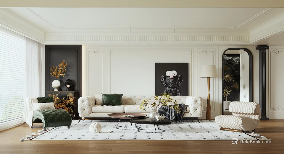 Elegant Living Room Interior With Beige Sofa Green Cushions Coffee Table Rug And Decorative Painting 3d model 