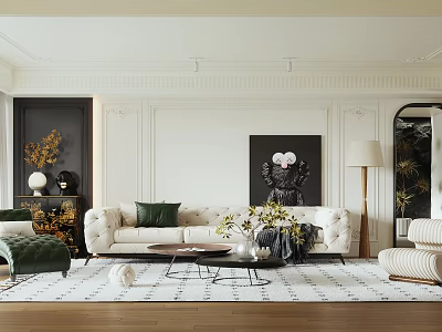 Elegant Living Room Interior With Beige Sofa Green Cushions Coffee Table Rug And Decorative Painting 3d model