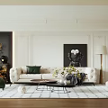 Elegant Living Room Interior With Beige Sofa Green Cushions Coffee Table Rug And Decorative Painting
