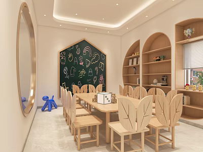 Kids Activity Room Interior With Blackboard Wall Leaf Shaped Chairs And Wooden Bookshelves 3d model