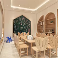 Kids Activity Room Interior With Blackboard Wall Leaf Shaped Chairs And Wooden Bookshelves