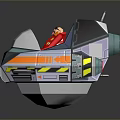 Cartoon Style Bumper Car With Red Clothed Figure And Colorful Warning Stripes