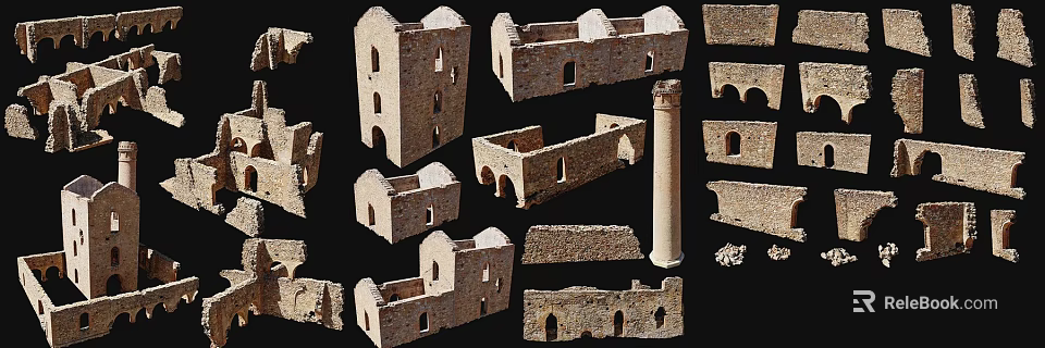 Ancient Architectural Components With Ruined Walls Stone Columns And Arched Structures 3d model