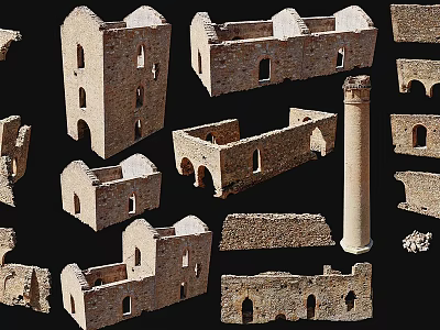 Ancient Architectural Components With Ruined Walls Stone Columns And Arched Structures 3d model